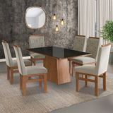 Conjunto Sala De Jantar Cadeiras Madeira Maciça Tecido Joli De Jantar Mesa 90x160cm Tampo Vidro Com Canela/preto