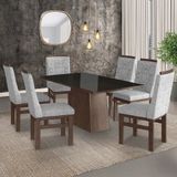 Conjunto Sala De Jantar Mesa 90x160cm Tampo Vidro Com 6 Cadeiras Madeira Maciça Tecido Linho Marrom/preto