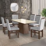 Conjunto Mesa 160x82cm E 6 Cadeiras Madeira Maciça Marrom/linho Cinza