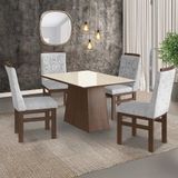 Conjunto Sala De Jantar Mesa 90x120cm Tampo Vidro Com 4 Cadeiras Madeira Maciça Tecido Linho Marrom/off White