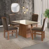 Conjunto Sala De Jantar Mesa 90x120cm Tampo Vidro Com 4 Cadeiras Madeira Maciça Tecido Joli Canela/off White
