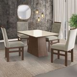 Conjunto Sala De Jantar Mesa 90x120cm Tampo Vidro Com 4 Cadeiras Madeira Maciça Tecido Joli Canela/off White