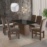 Conjunto Sala De Jantar Mesa 90x160cm Tampo Vidro Com 6 Cadeiras Madeira Maciça Tecido Joli Marrom/preto