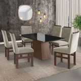 Conjunto Sala De Jantar Mesa 90x160cm Tampo Vidro Com 6 Cadeiras Madeira Maciça Tecido Joli Marrom/preto