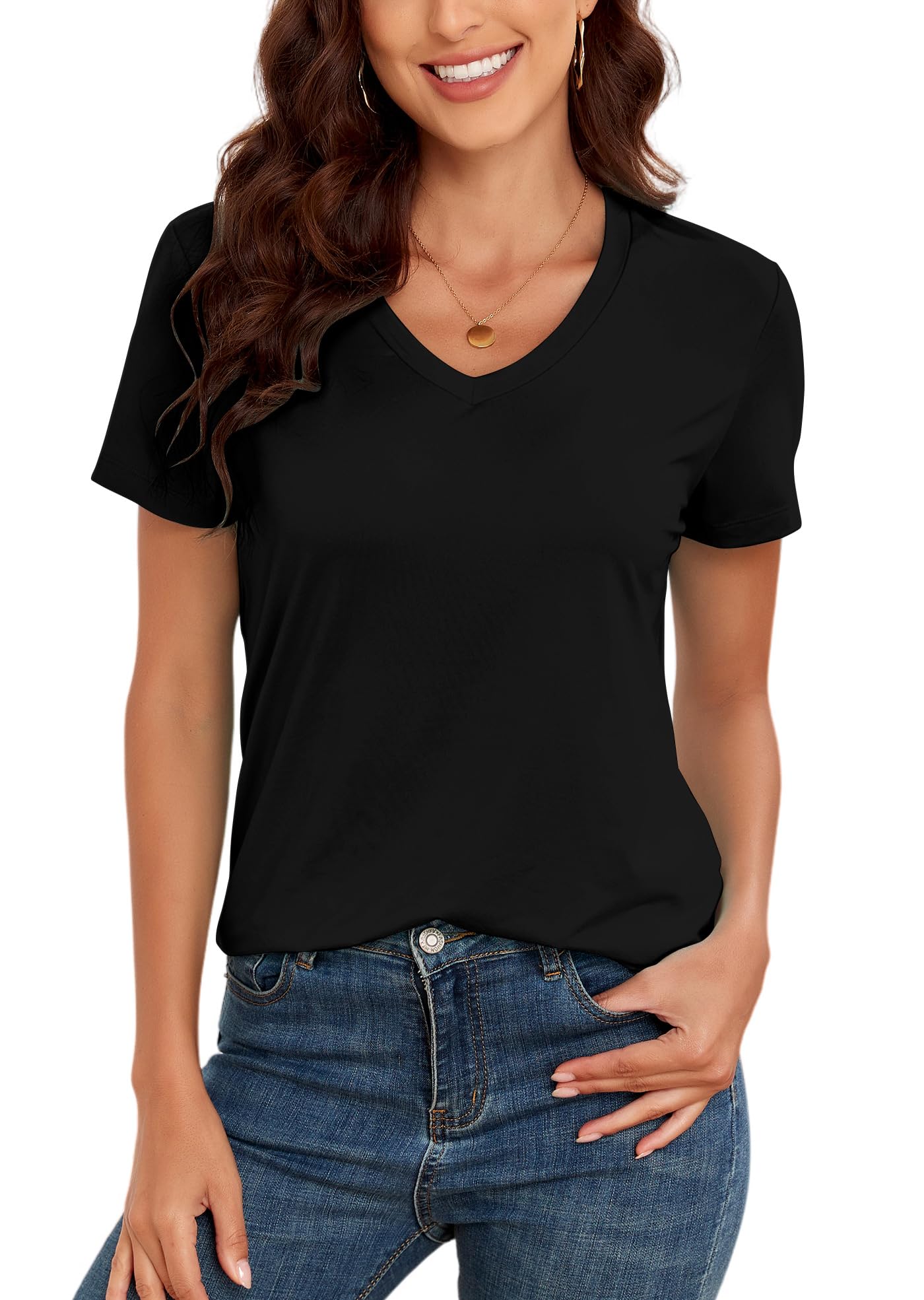 Camiseta Kevamolly Com Decote Em V Básica Preta Para Mulheres Com Mais De 50 Anos, Caimento Folgado