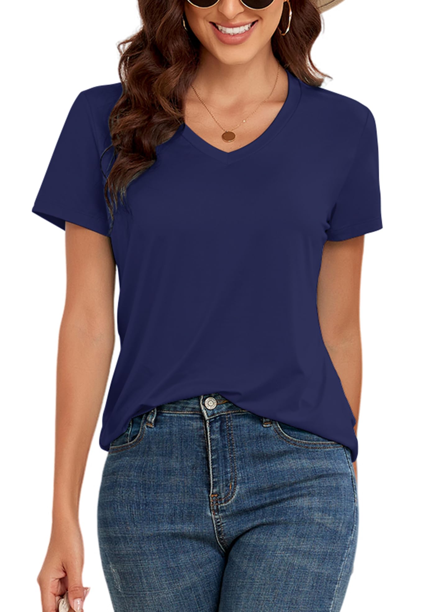 Camiseta Kevamolly Com Decote Em V Básica Em Azul Marinho Para Mulheres Com Mais De 50 Anos