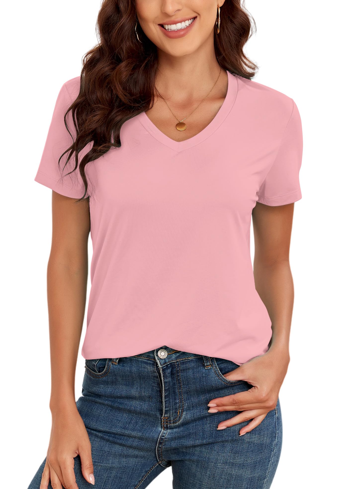 Camiseta Kevamolly Com Decote Em V Rosa Básica Para Mulheres Com Mais De 50 Anos, Ajuste Folgado