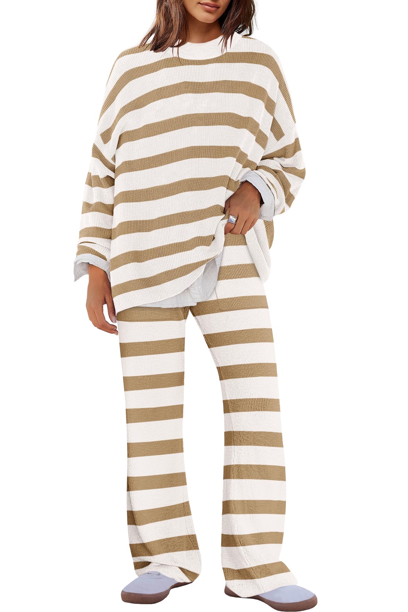 Conjunto De Pijama Panadila, Suéter Listrado Feminino De Grandes Dimensões