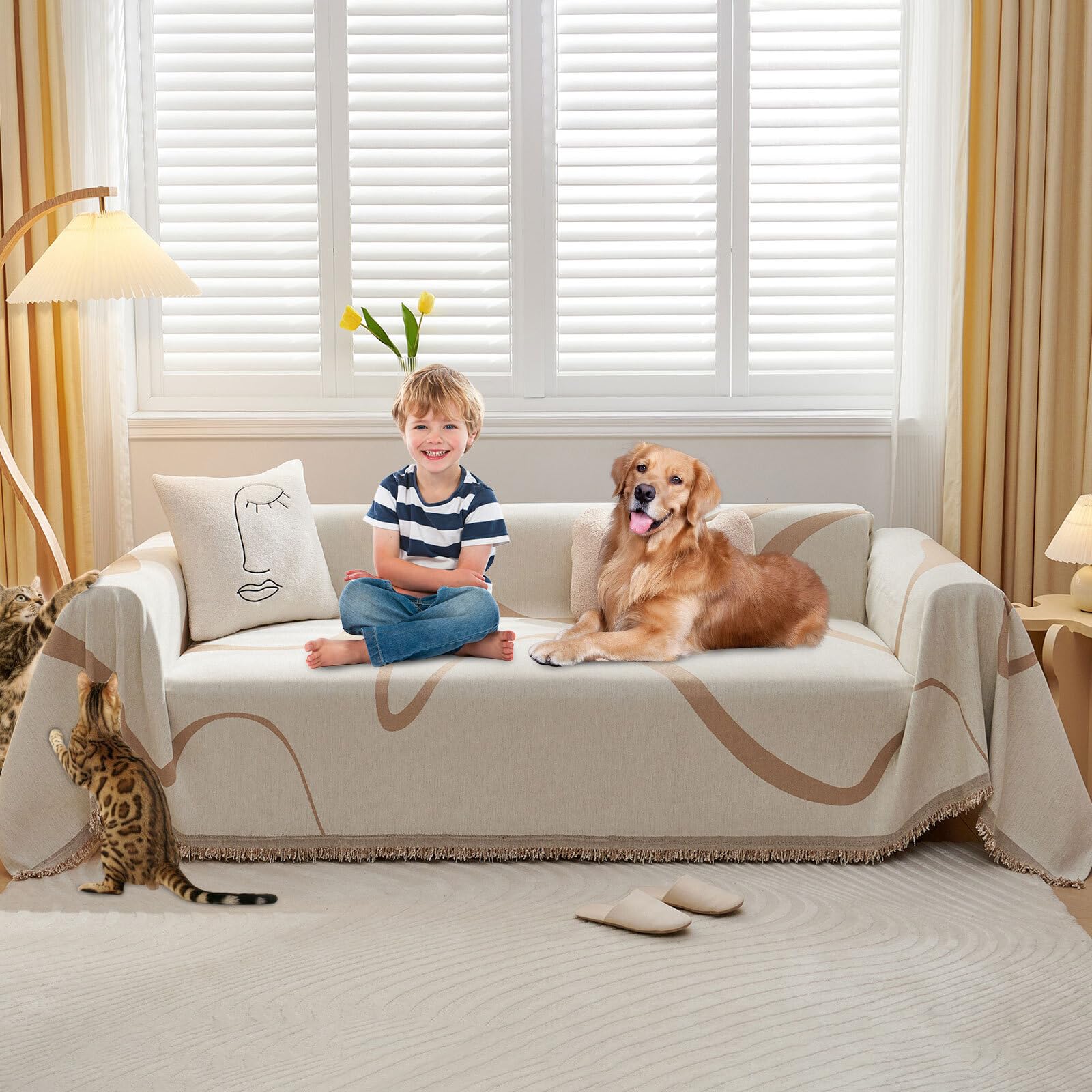 Capa De Sofá Handontime Stylish Boho Beige Listrada 180x380cm