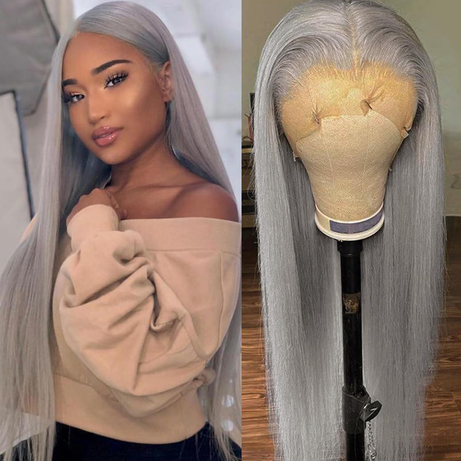 Peruca Frontal De Renda Lezaxiu Grey Long Straight Resistente Ao Calor