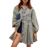 Vestido Gozoloma Jeans De Manga Comprida A Line Ruffle Mini Azul Claro