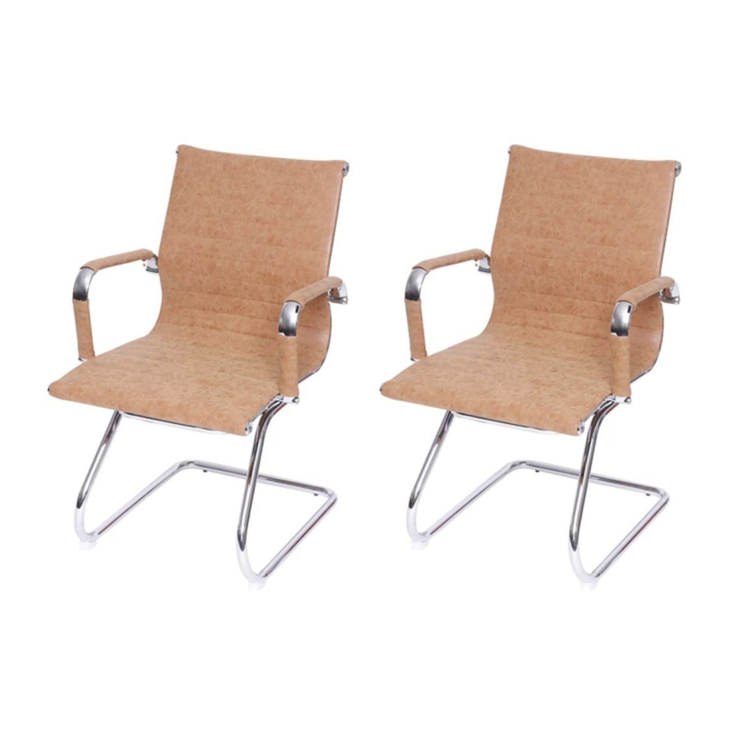 Kit 2 Cadeiras Para Escritório Interlocutor Base Fixa Esteirinha Corino 3301 Or Design Caramelo Retrô