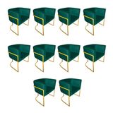 Kit 10 Poltronas Decorativa Sala De Estar Base De Ferro Dourada Veludo Verde
