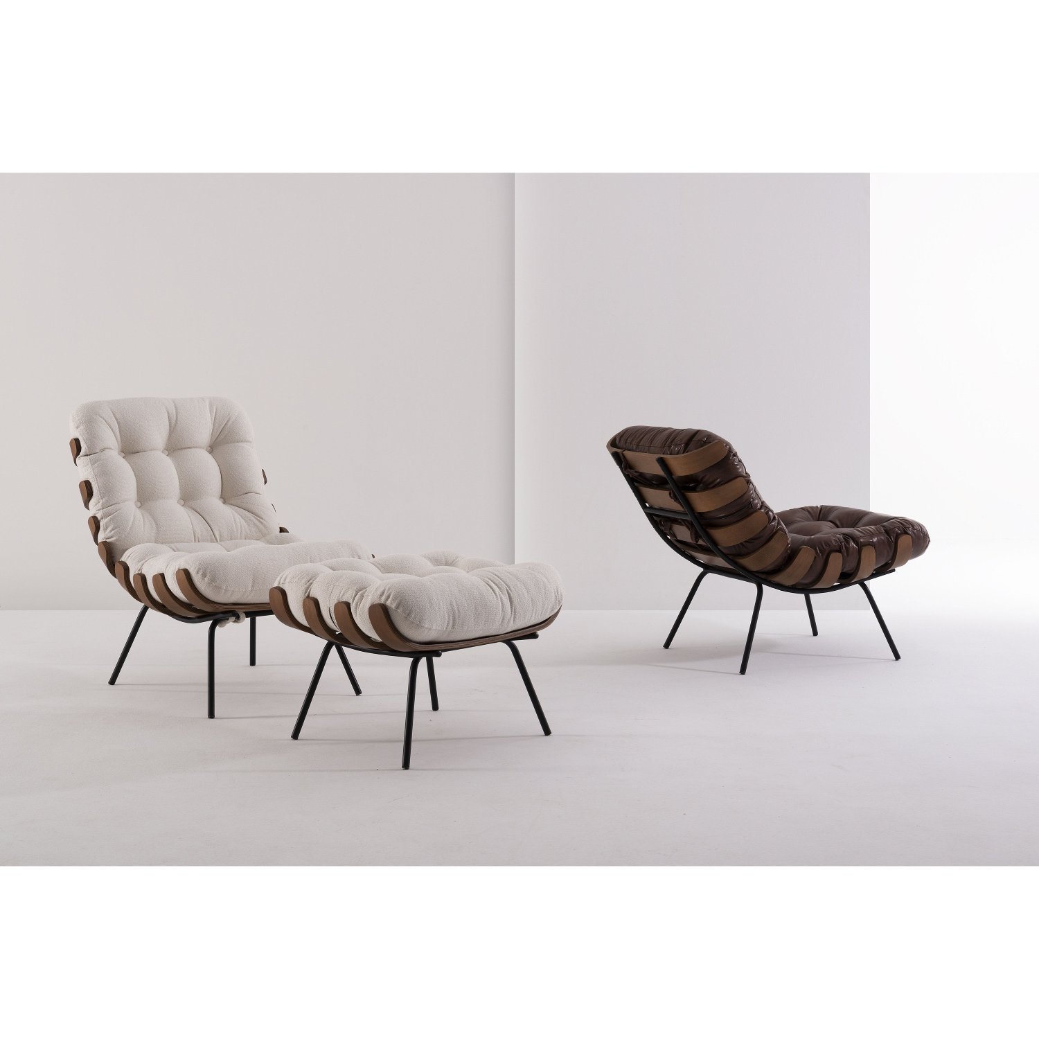 Kit Poltrona E Puff Para Sala De Estar Costela Off White