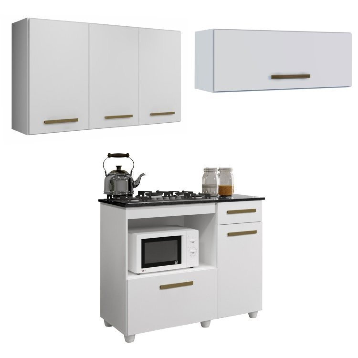 Conjunto Balcão Para Cooktop 4 Bocas 2 Portas E 2 Armários Aéreos Branco