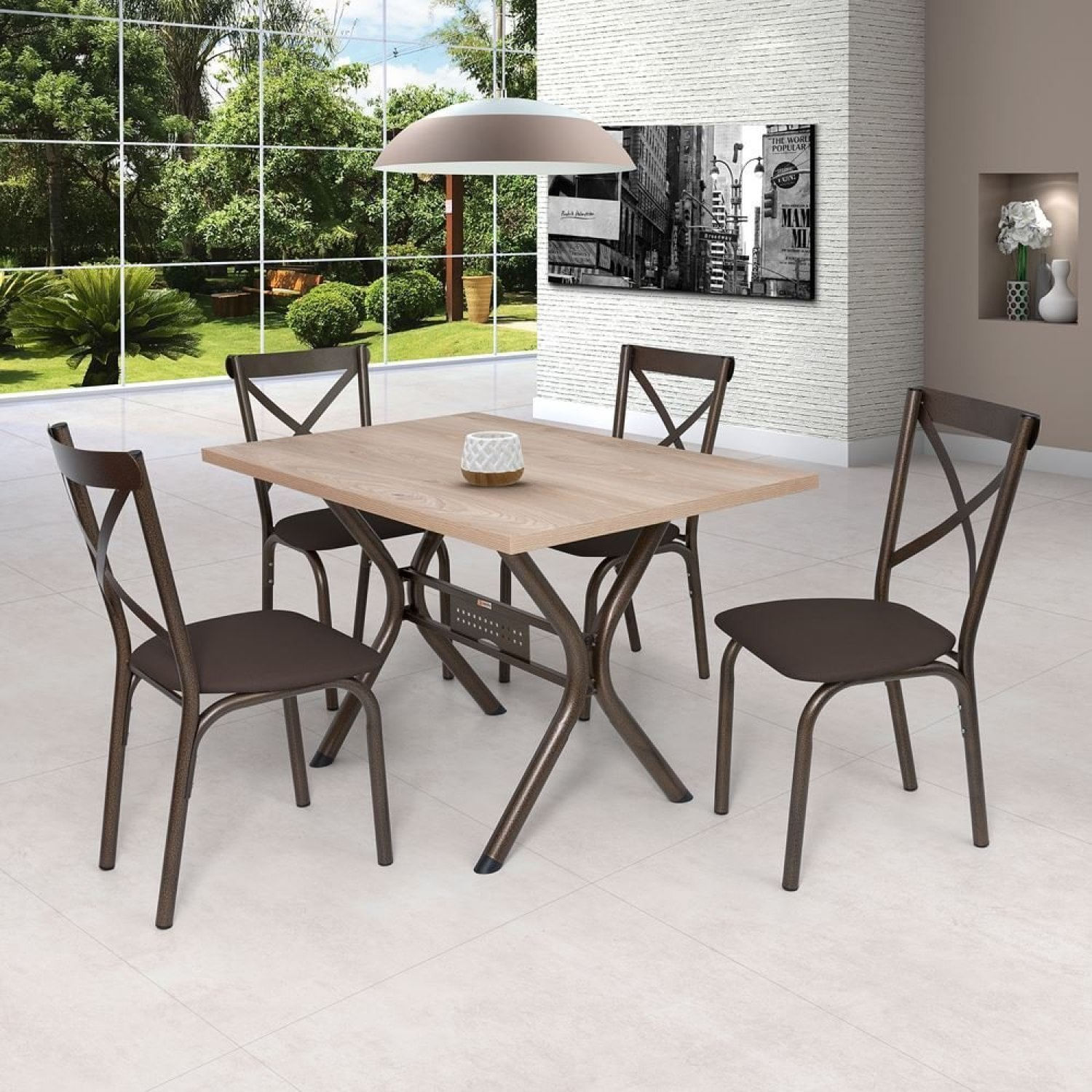 Conjunto Mesa 120cm Com 4 Cadeiras Karina X Bronze/linho Marrom