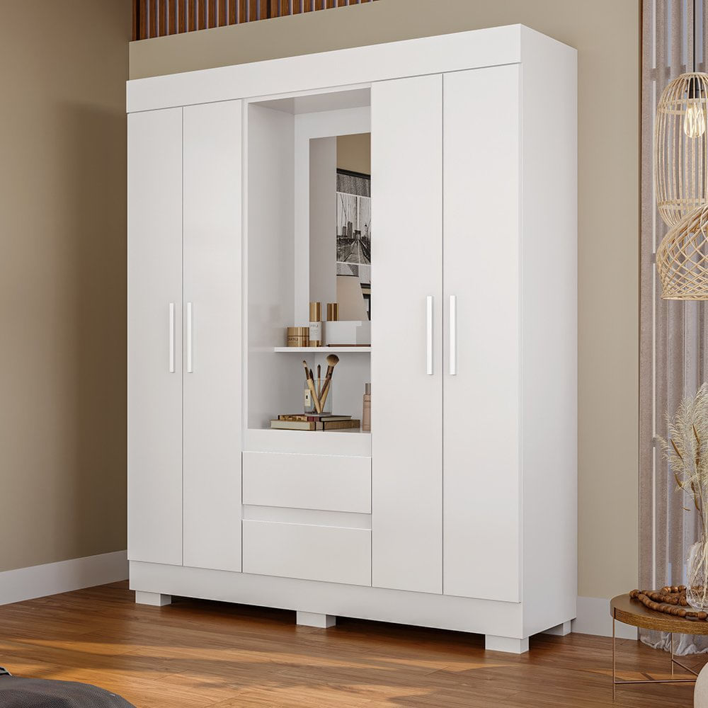 Guarda Roupa Casal 149,10cm 4 Portas E 2 Gavetas Capelinha Com Espelho Alyssa Espresso Móveis Branco