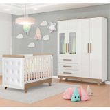 Quarto De Bebê Com Guarda Roupa Com Janela E Berço Com Capitonê Retrô Jolie Branco Brilho/carvalho
