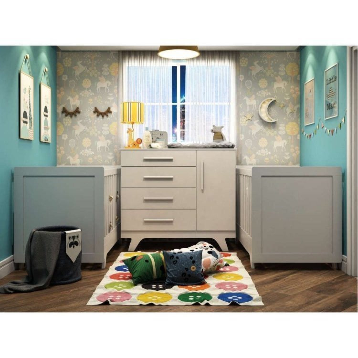 Quarto De Bebê Para Gêmeos Com 2 Berços E Cômoda Retrô 100% Mdf Branco Brilho