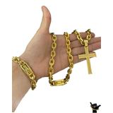 Corrente Cadeado 12mm + Pulseira + Pingente - Banhado A Ouro