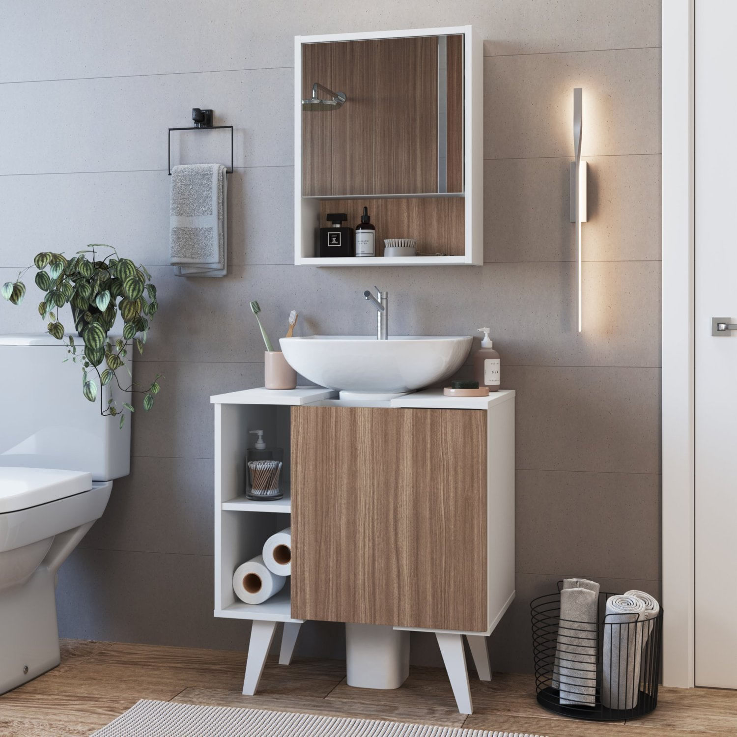 Gabinete Para Banheiro De Coluna 01 Porta E Espelheira Slim Branco / Montana