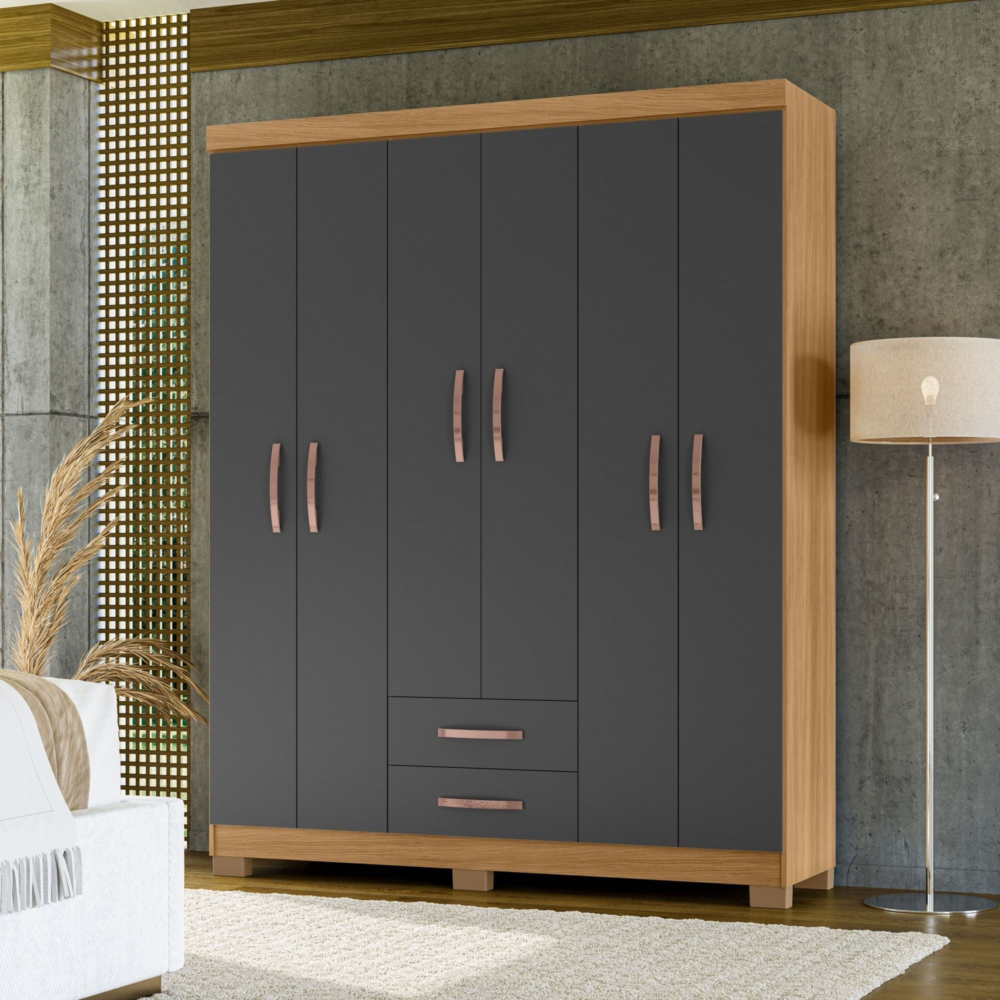Guarda-roupa Casal Itapema 6 Portas 2 Gavetas Carvalho Americano/ Grafite