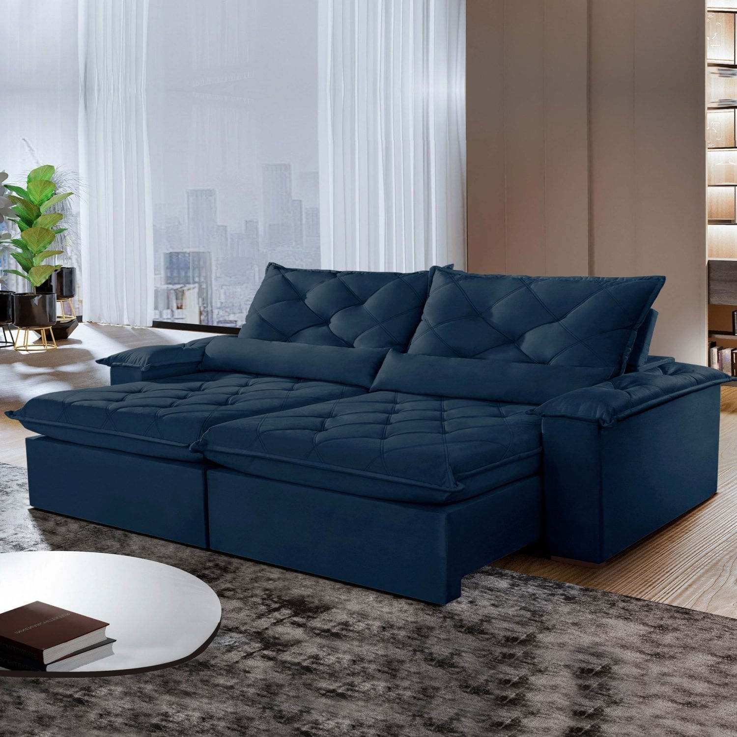 Sofá Retrátil E Reclinável 3 Lugares 200cm Diamond Super Pillow Montano Estofados Veludo Marinho