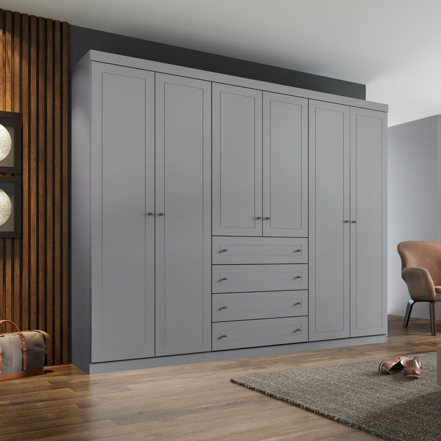 Guarda Roupa Casal 6 Portas 4 Gavetas Americano Henn Cinza