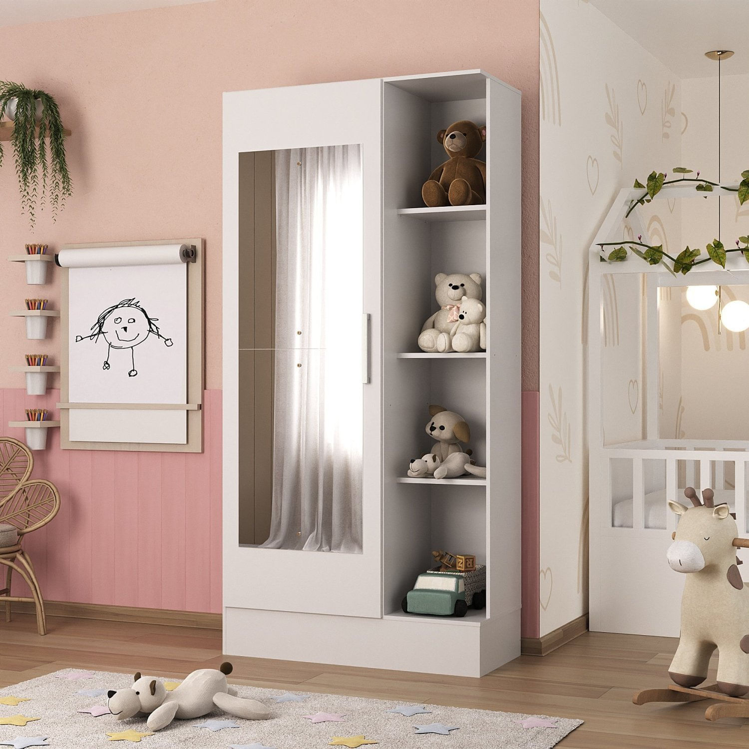 Guarda Roupa Infantil 1 Porta Com Espelho Sara Branco