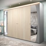 Guarda-Roupa Casal com Efeito Ripado, Espelho e LED, 6 Portas, 6 Gavetas, Inovação Gelius Móveis, Cinza/Off White