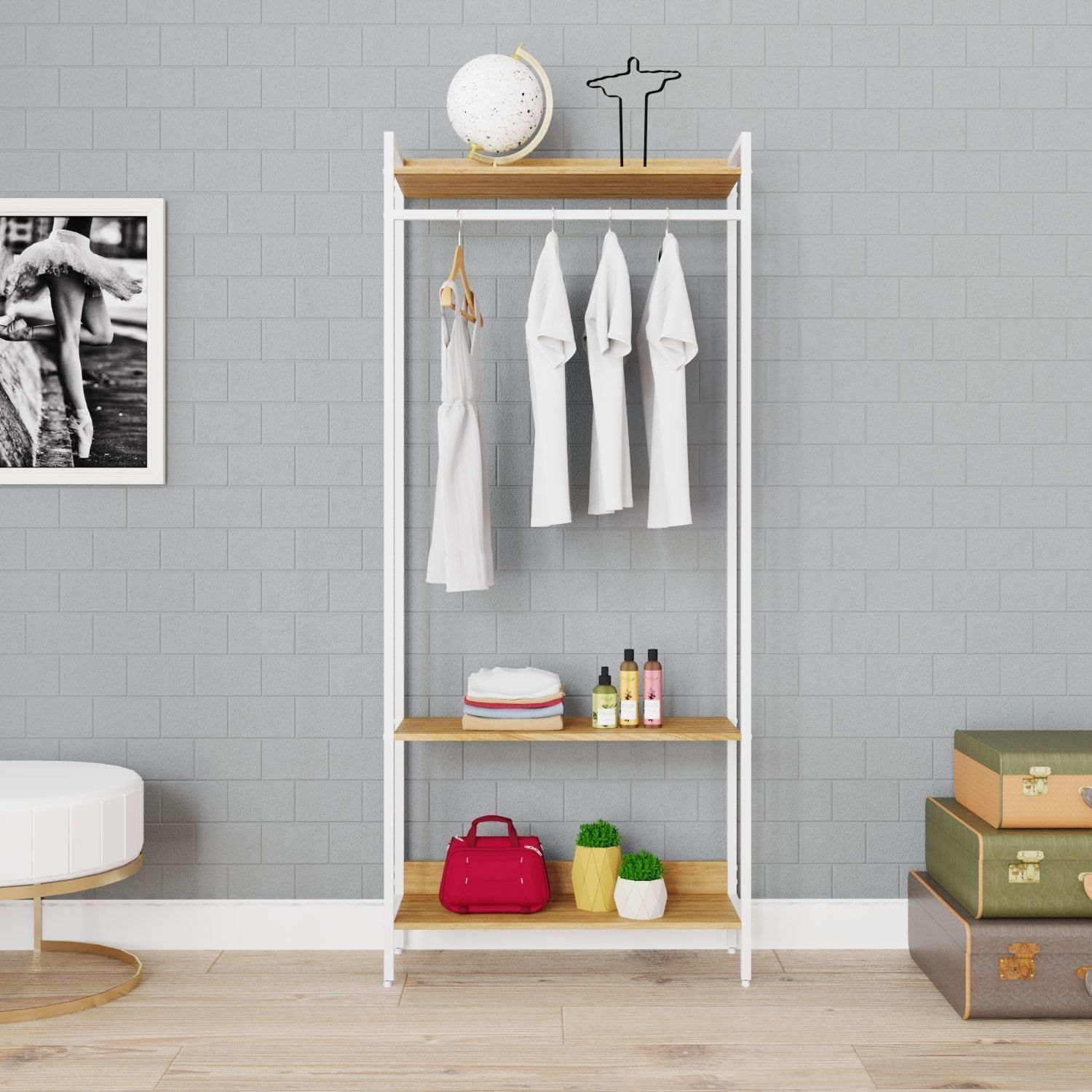 Estante Closet Arara 187x80cm 3 Prateleiras Active Yescasa Lâmina Mel / Est.branca