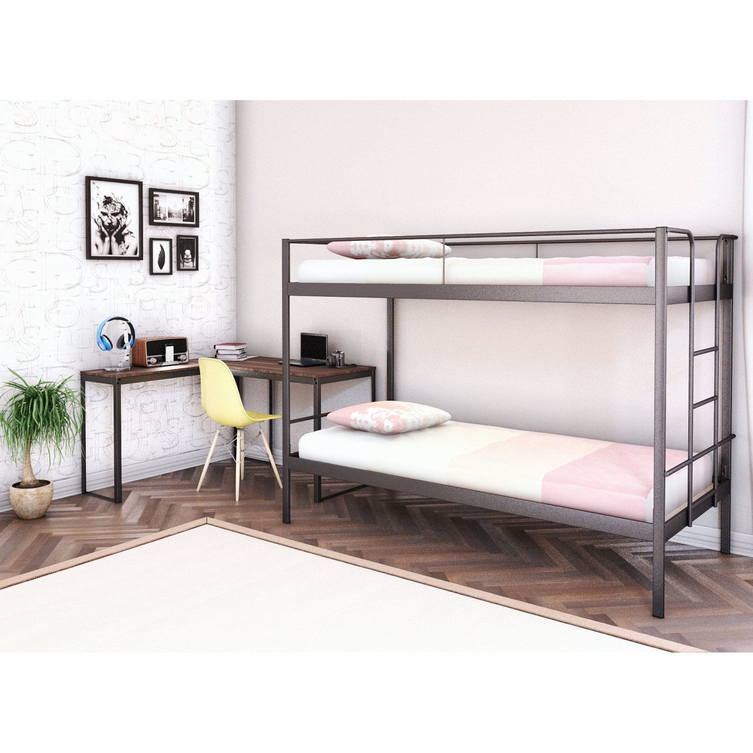 Conjunto Para Quarto 1 Beliche E 1 Escrivaninha Em L 126x126cm Preto Fosco