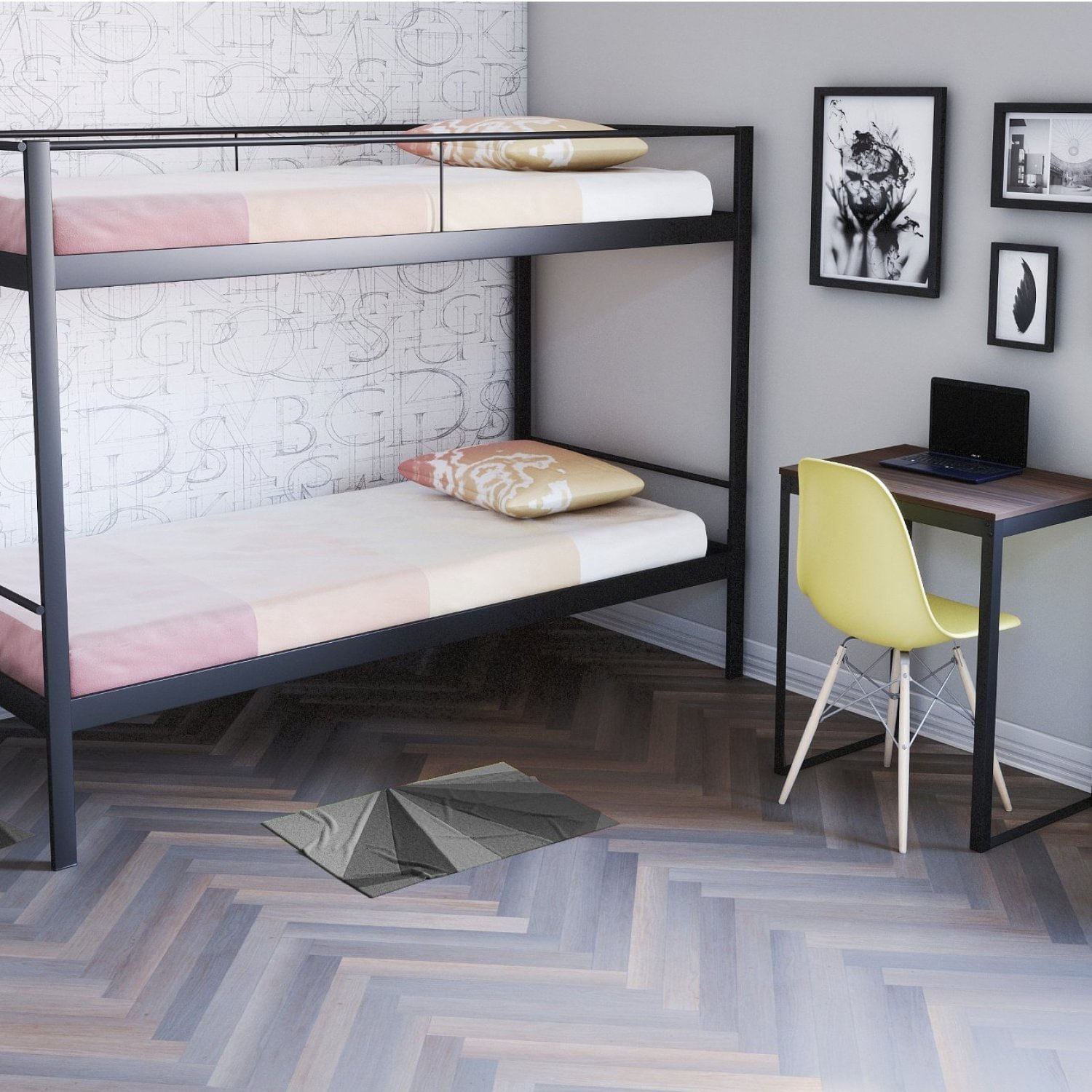 Conjunto Para Quarto 1 Beliche E 1 Escrivaninha 90x60cm Preto Fosco