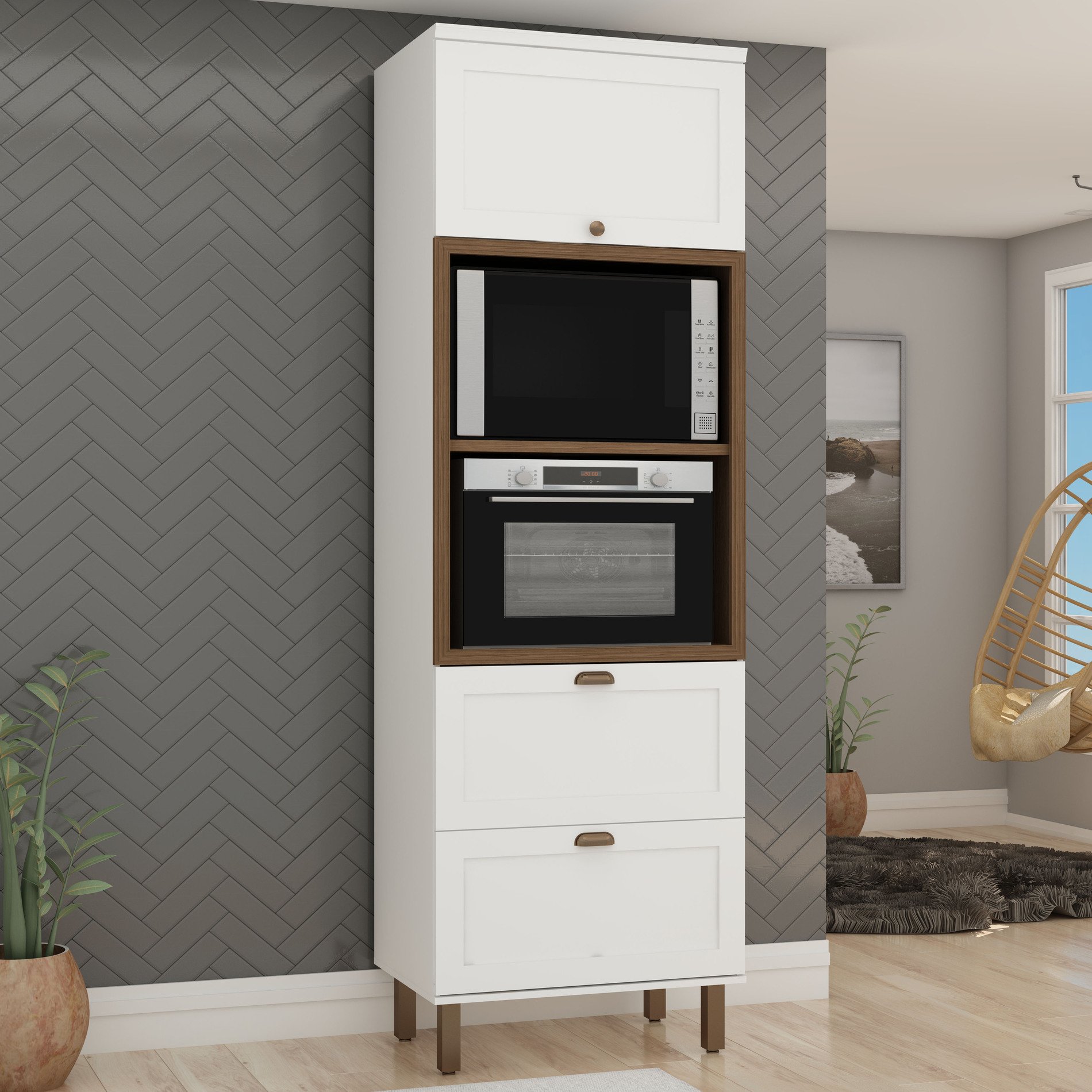 Torre Para 2 Fornos 2 Portas 1 Gaveta Iluminata Genialflex Branco Fosco/ébano Fosco