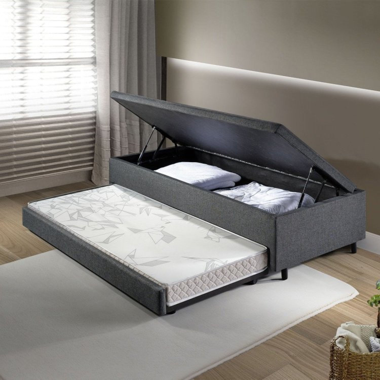 Bicama Com Baú Viúva Reforçado 120x203 Cm Em Linho Cinza