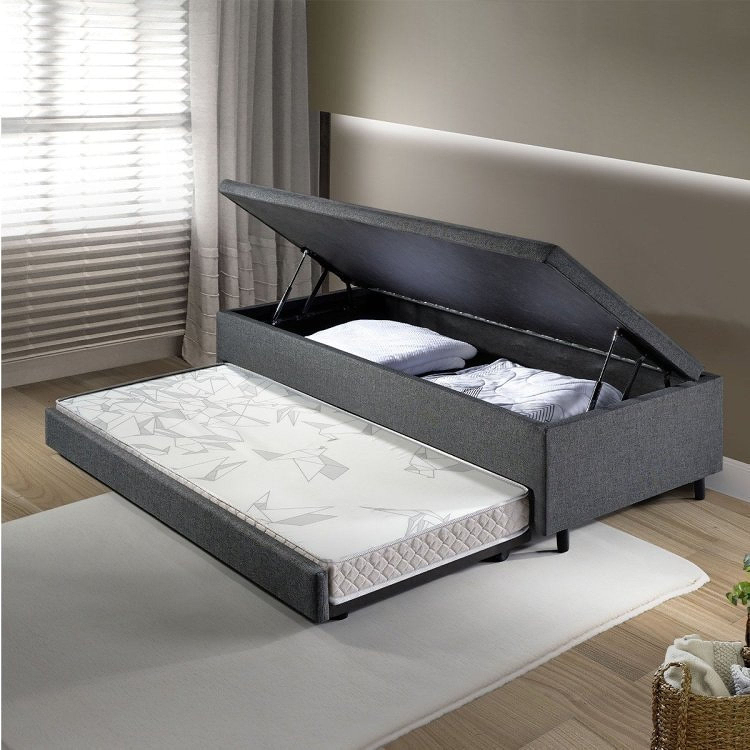 Bicama Com Baú Solteirão Reforçado 96x203 Cm Em Linho Cinza