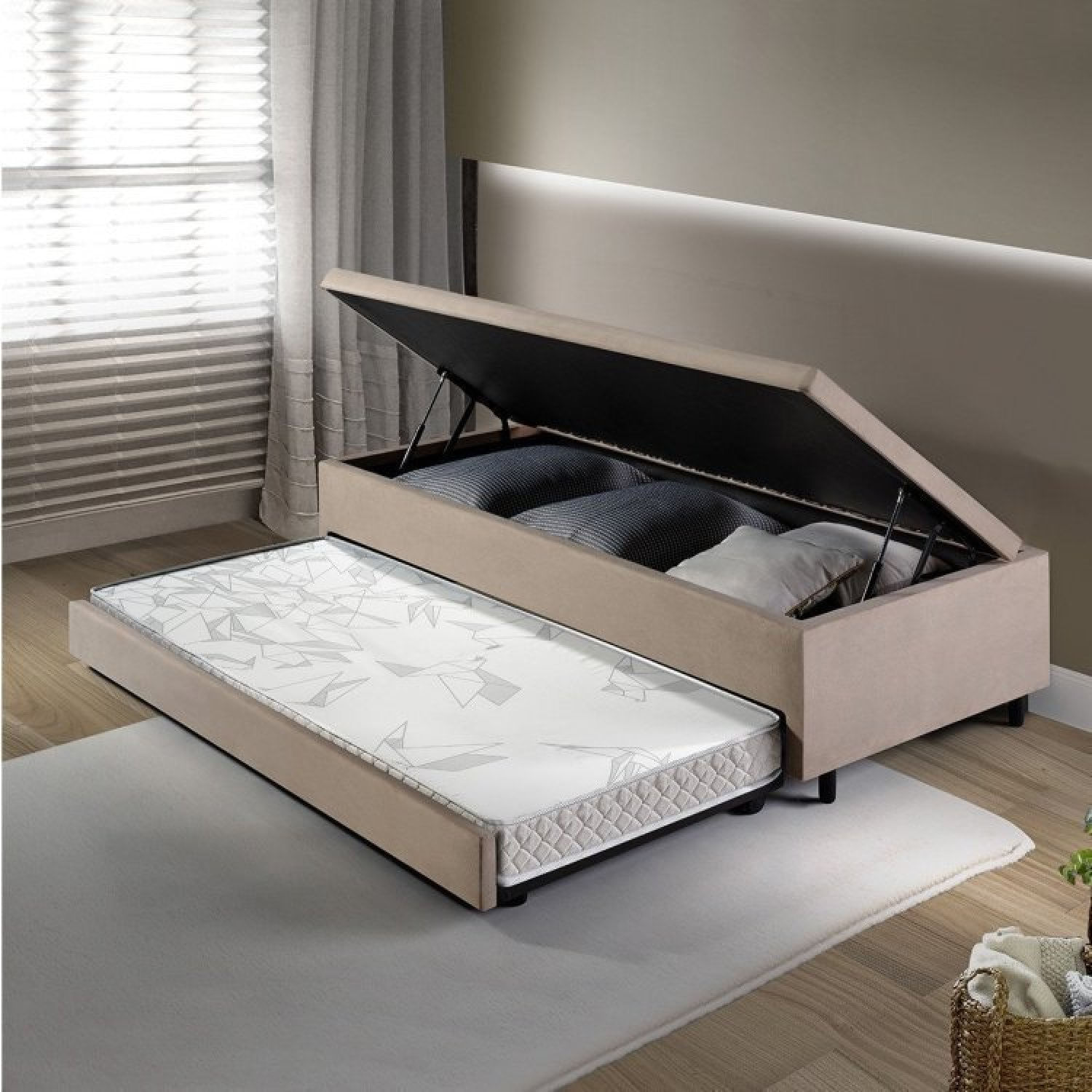 Bicama Com Baú Solteirão Reforçado 96x203 Cm Em Suede Bege