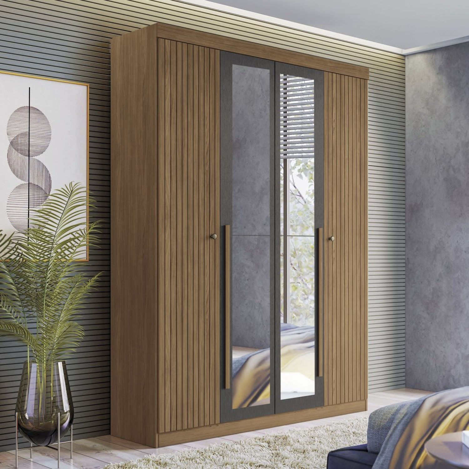 Guarda Roupa Solteiro Ripado 4 Portas 2 Gavetas Com Espelhos Antony Jatobá/grafite