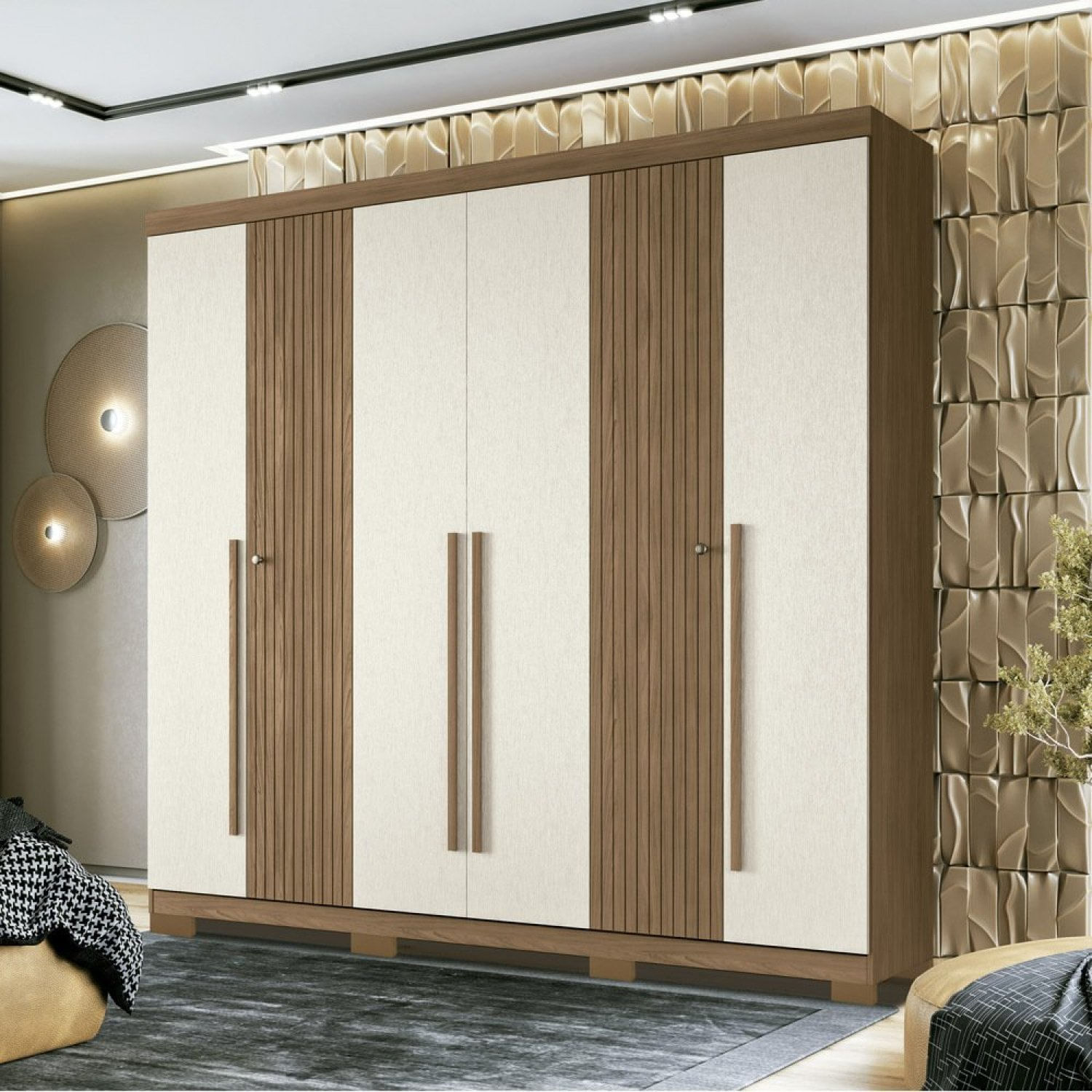 Guarda Roupa Casal Ripado 6 Portas 4 Gavetas Antony Com Pés Jatobá/areia