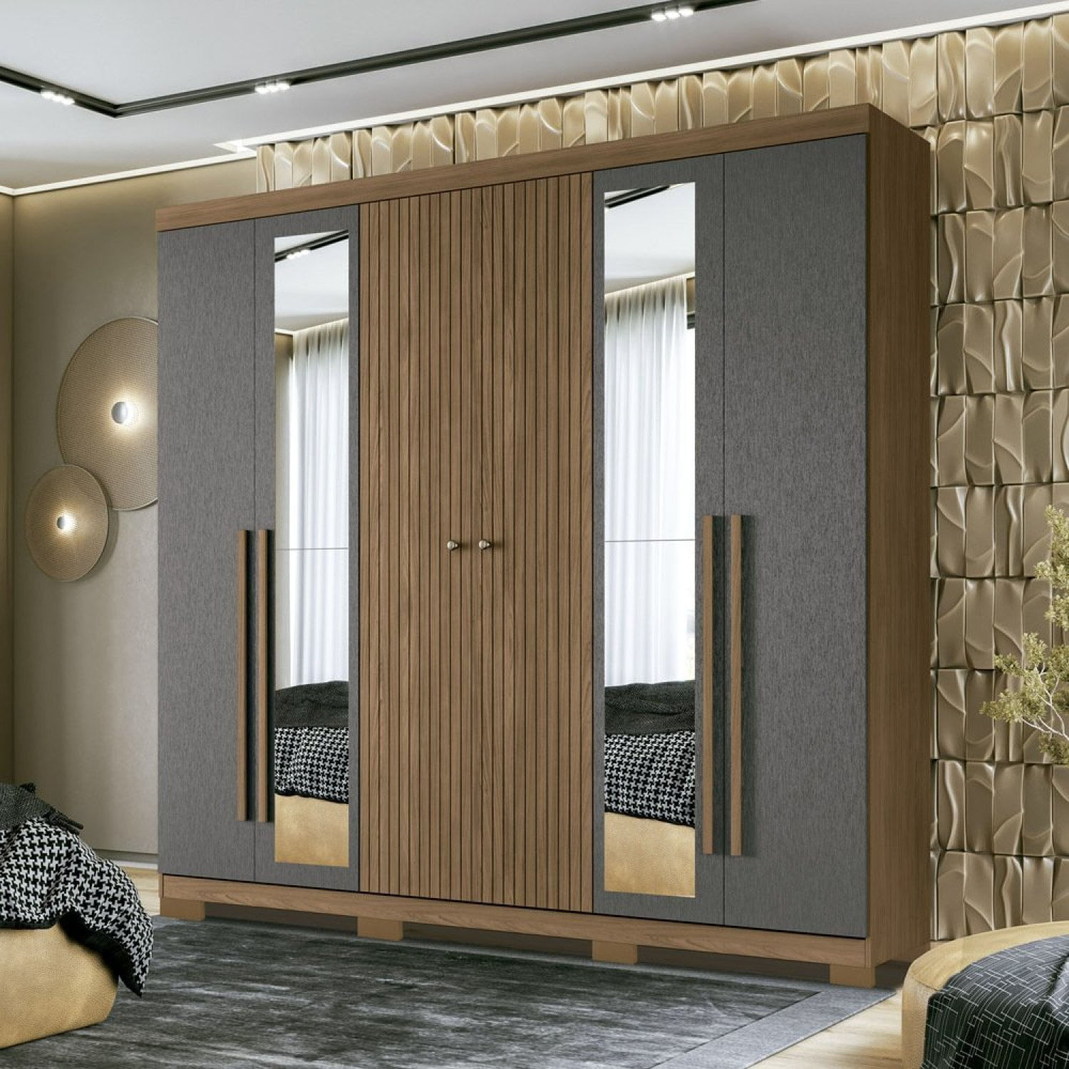 Guarda Roupa Casal Ripado 6 Portas 4 Gavetas Antony Com Espelhos E Pés Jatobá/grafite