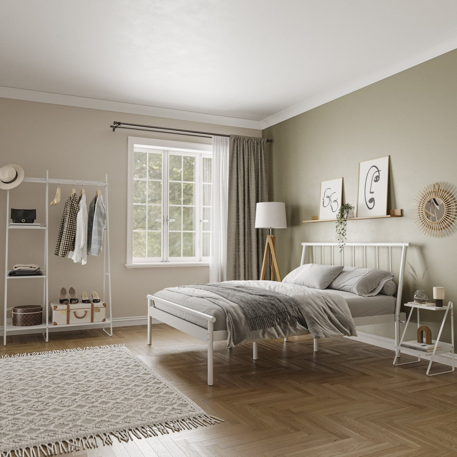 Conjunto Cama Queen 2 Mesa De Cabeceira E Arara De Roupas Em Aço Begônia Cabecasa Madeiramadeira