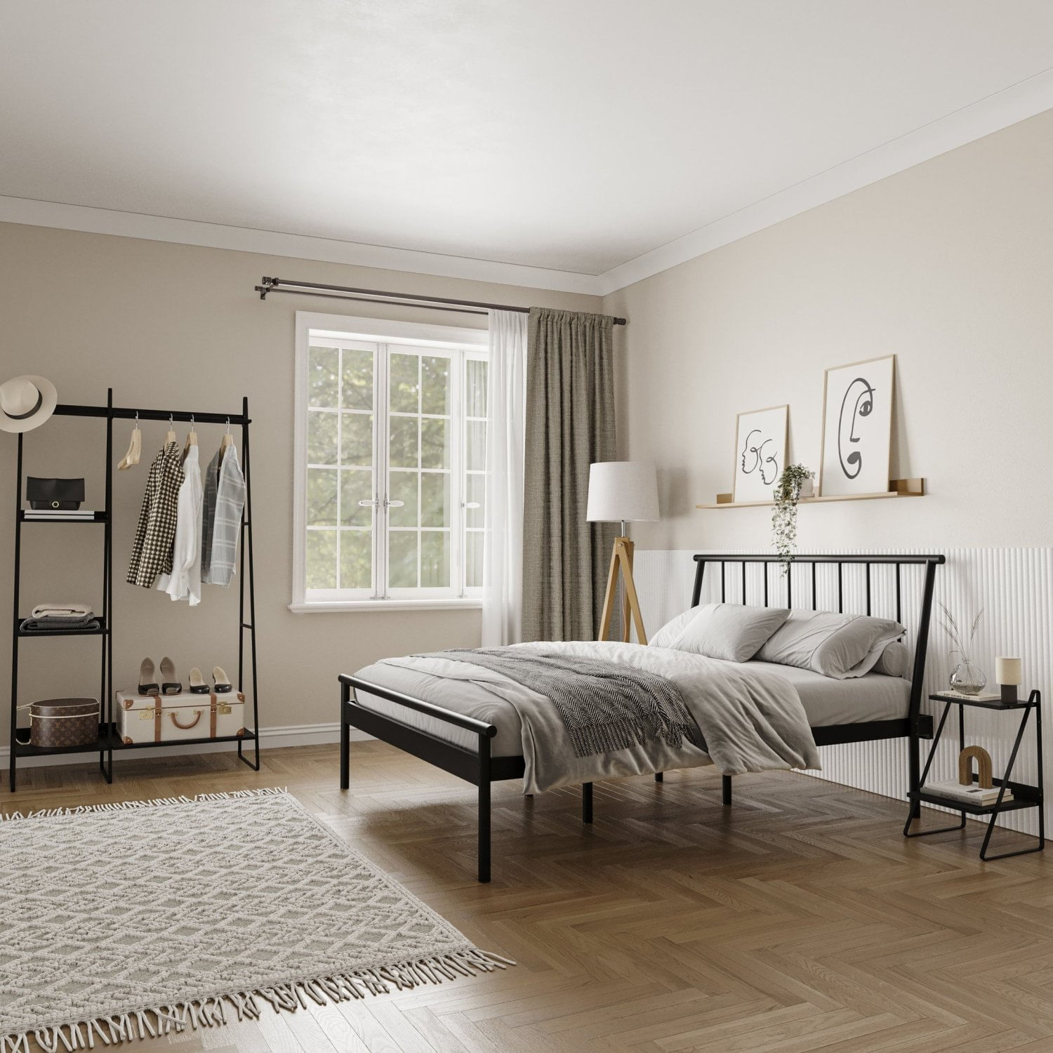 Conjunto Cama Queen 2 Mesa De Cabeceira E Arara De Roupas Em Aço Begônia Cabecasa Madeiramadeira