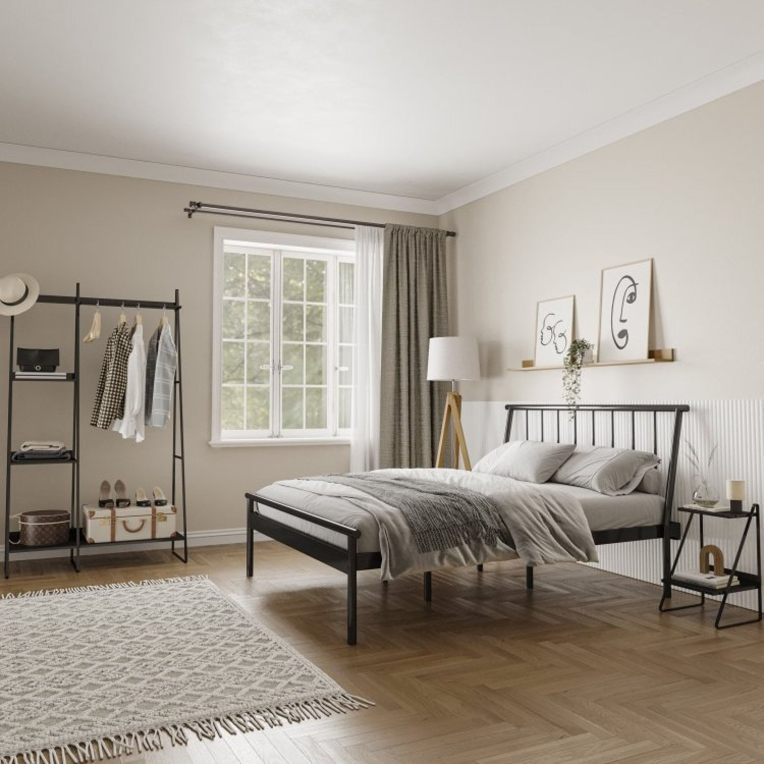 Conjunto Cama Queen 2 Mesa De Cabeceira E Arara De Roupas Em Aço Begônia Cabecasa Madeiramadeira