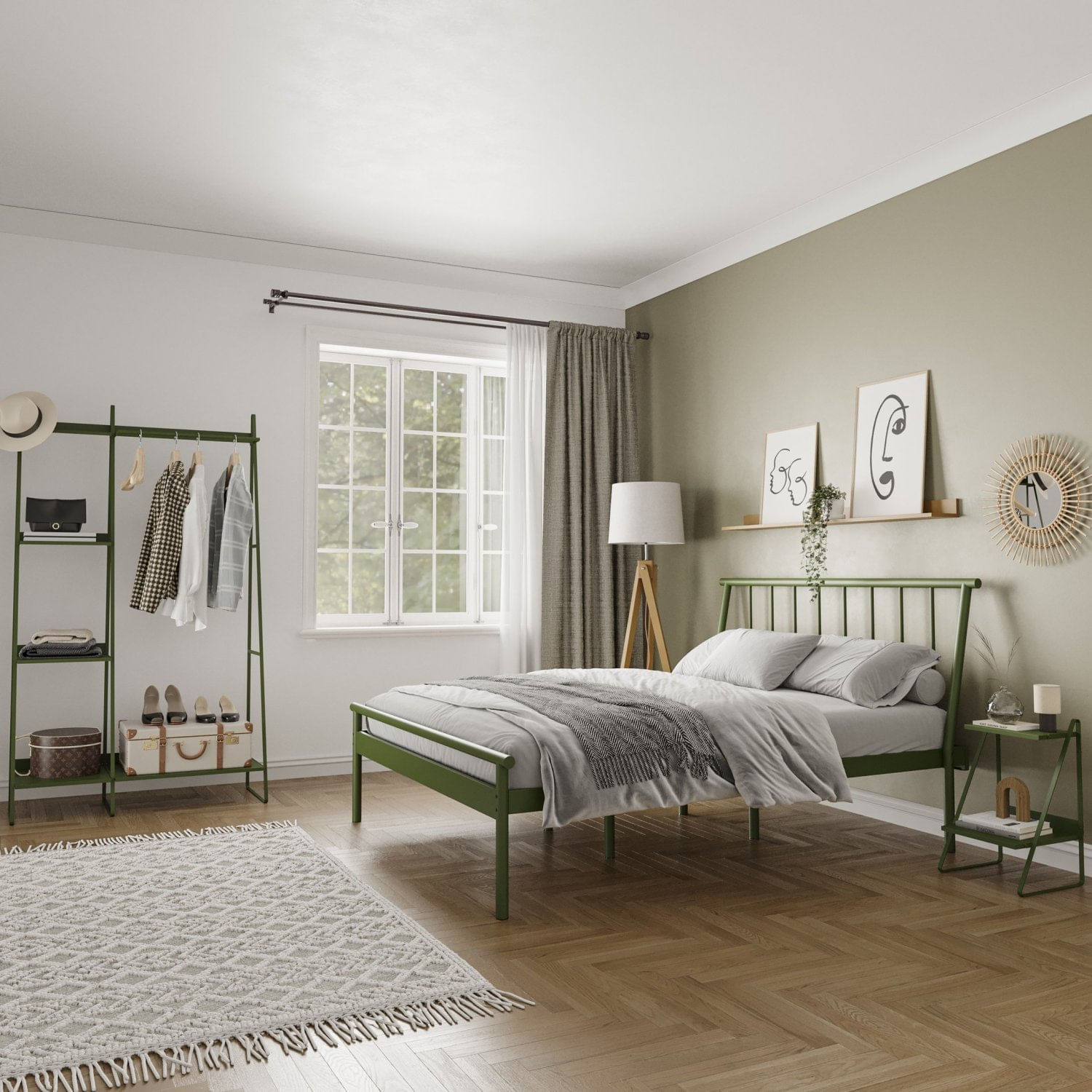 Conjunto Cama Queen 2 Mesa De Cabeceira E Arara De Roupas Em Aço Begônia Cabecasa Madeiramadeira