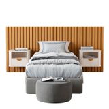 Cabeceira Ripada Solteiro Com 2 Mesas De Cabeceira Curva Buriti Offwhite