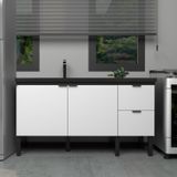 Balcão De Cozinha Para Pia 150cm 3 Portas 2 Gavetas Branco/preto