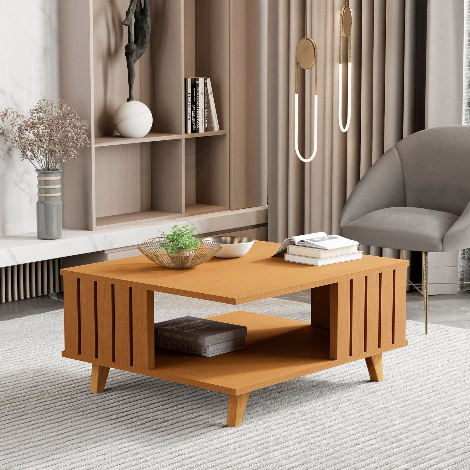 Mesa De Centro Ripada Pés Em Madeira Maciça Açaí 33x70x60 Cm Nature