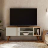 Rack Para Tv Até 55 Polegadas Com 1 Porta De Correr E Pé Estilo Retrô Off White/ Nature
