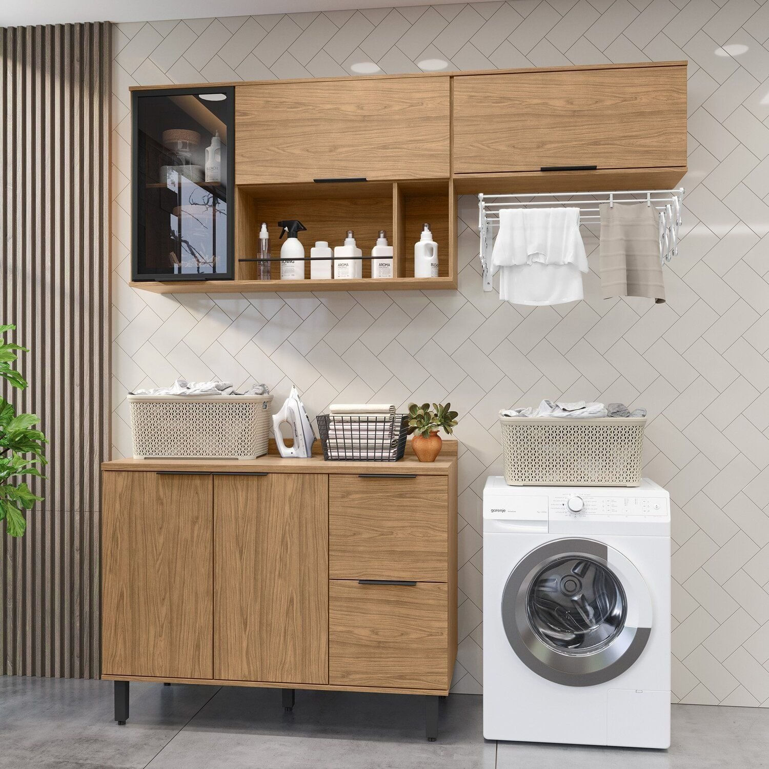 Lavanderia Modulada Com 2 Aéreos E 1 Balcão Com Tampo 100% Mdf Freijó