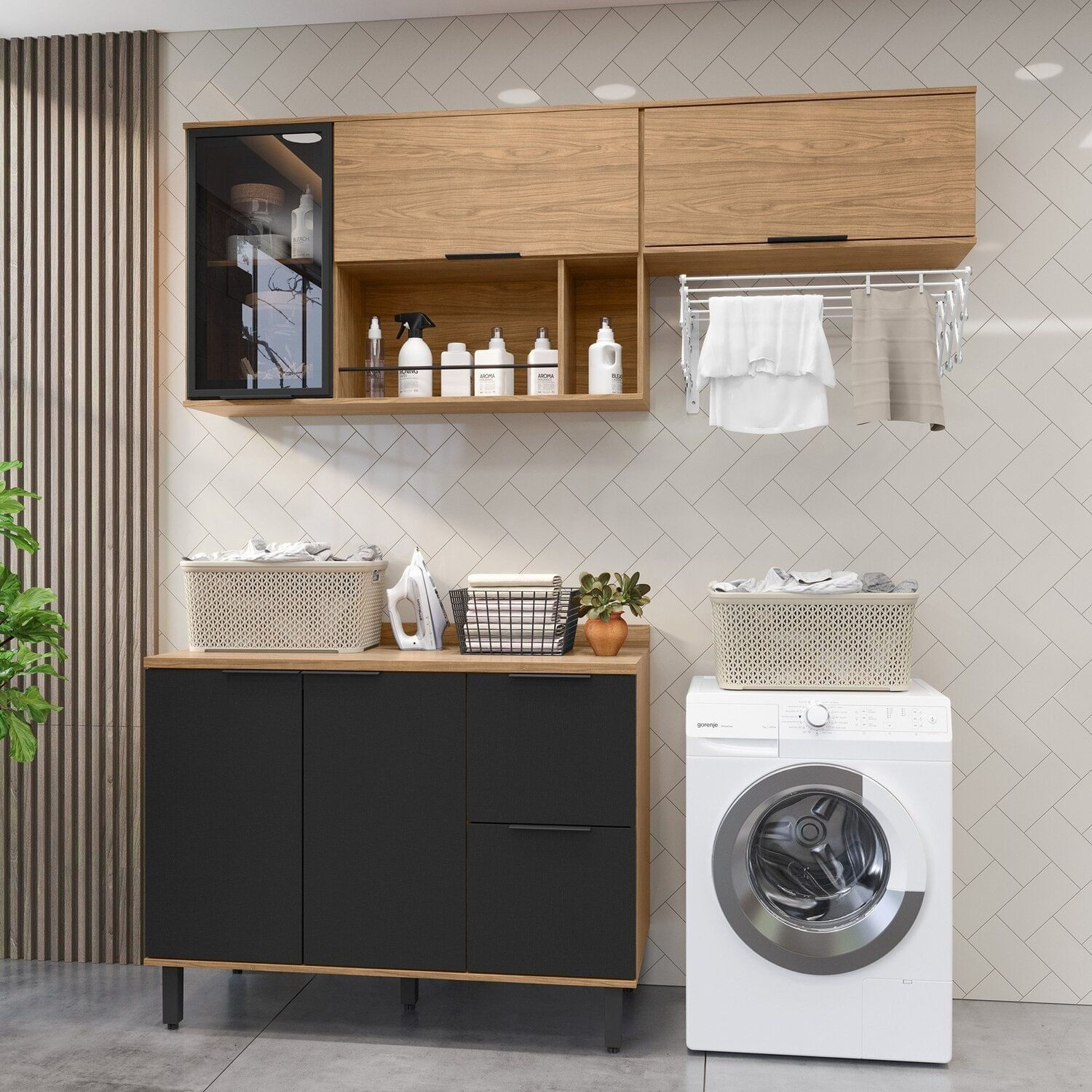 Lavanderia Modulada Com 2 Aéreos E 1 Balcão Com Tampo 100% Mdf Freijó/nero